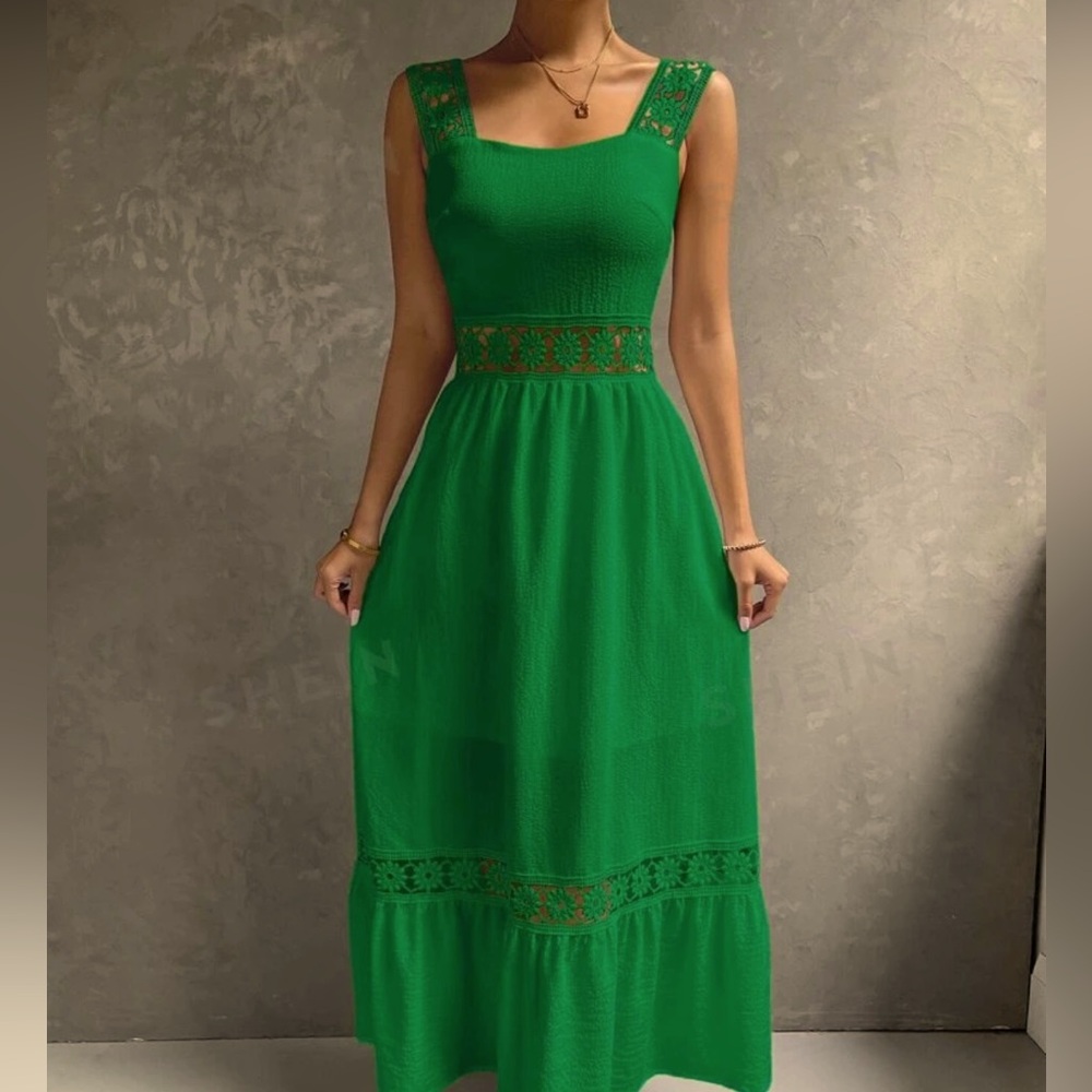 Guipure Lace Insert
Ruffle Hem Cami Dress